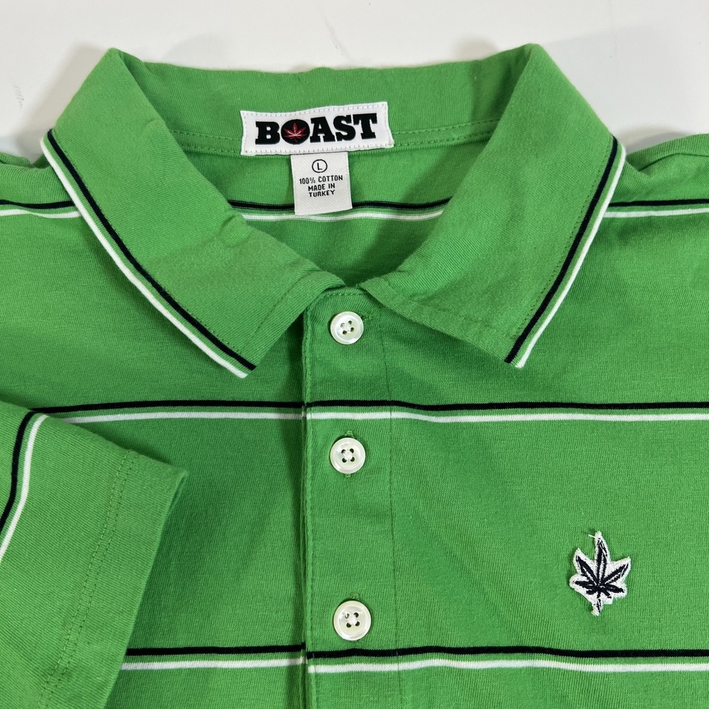 Boast Polo Shirt Mens Large Green Striped Tennis Golf Leaf Logo‎ Preppy Casual